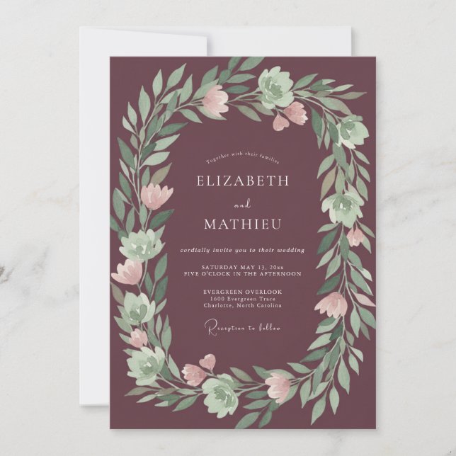 Invitación Boda floral verde ciruela (Anverso)