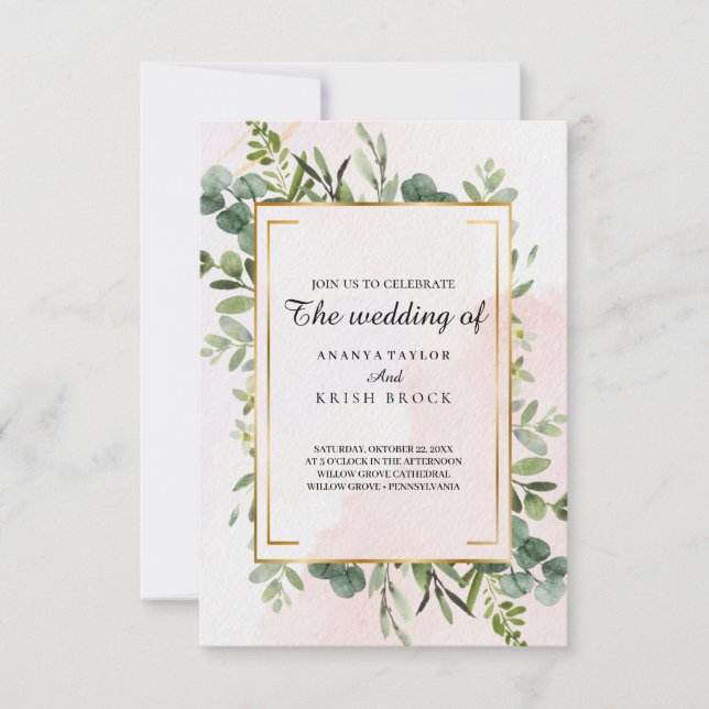 Invitación Boda floral verde clásica (Anverso)