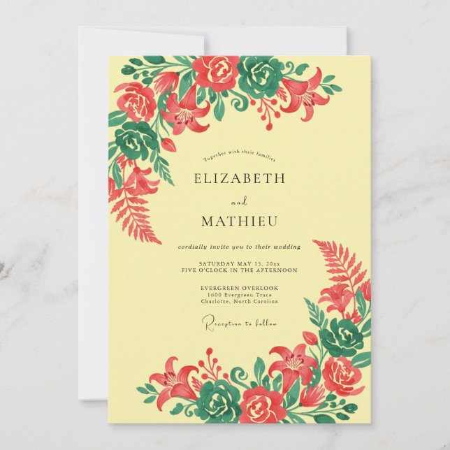 Invitación Boda Floral Verde Coral (Anverso)