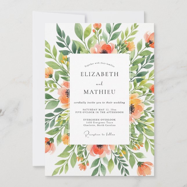 Invitación Boda floral verde coral (Anverso)