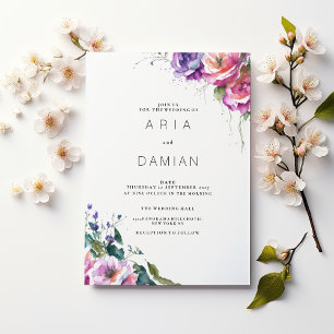 Invitación Boda floral verde coral rosa púrpura botánico