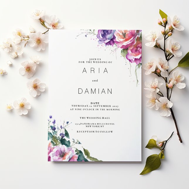 Invitación Boda floral verde coral rosa púrpura botánico (Botanical pink purple coral green floral Wedding )