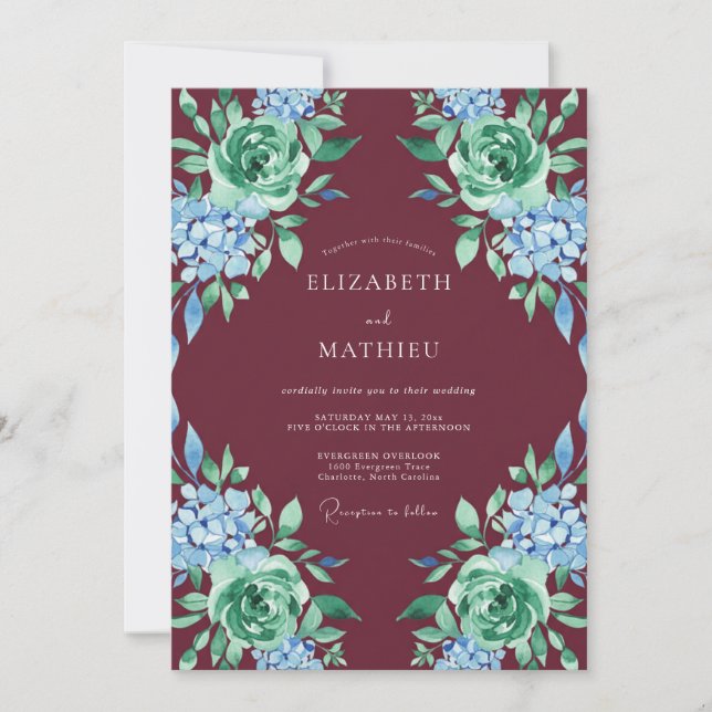 Invitación Boda floral verde de Borgoña (Anverso)