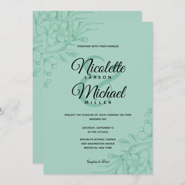Invitación Boda floral verde de fábrica (Anverso / Reverso)