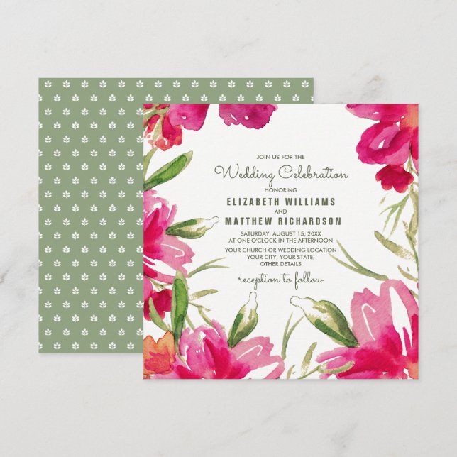 Invitación Boda floral verde de Fuchsia romántica (Anverso / Reverso)