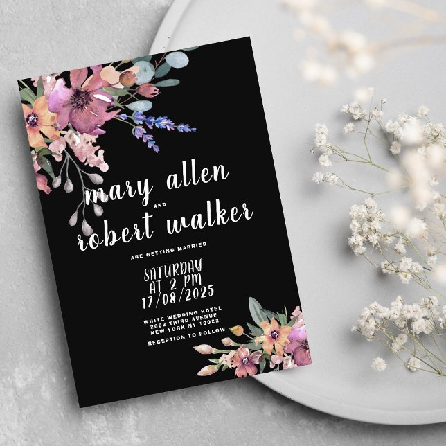 Invitación Boda floral verde de lavanda rosa negro del país (Country black pink lavender green floral wedding )