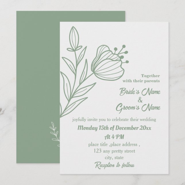 Invitación Boda floral verde de salvia elegante romántica (Anverso / Reverso)