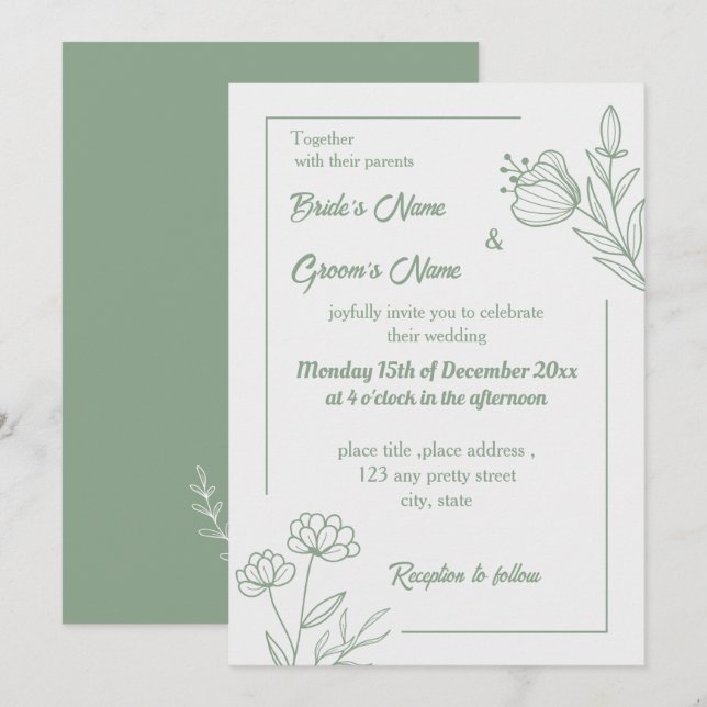Invitación Boda floral verde de salvia elegante romántica (Anverso / Reverso)