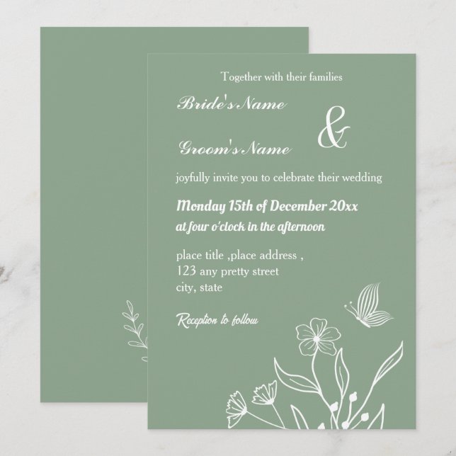 Invitación Boda floral verde de salvia elegante romántica (Anverso / Reverso)