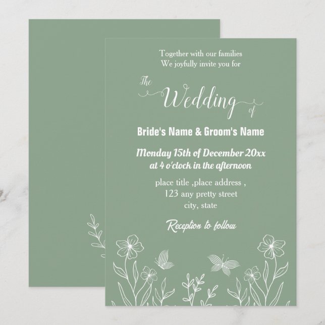 Invitación Boda floral verde de salvia elegante romántica (Anverso / Reverso)