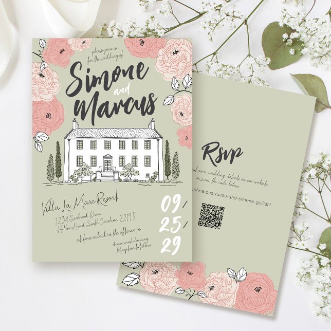 Invitación Boda floral verde de Villa Sage con mano única (Whimsical sage green pink floral unique hand drawn handwritten illustrated villa wedding invitation)