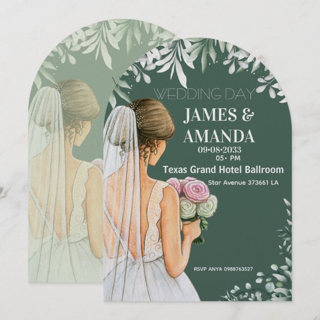 Invitación Boda floral verde dentro de presupuesto  (Anverso / Reverso)