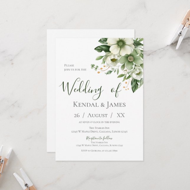 Invitación Boda floral verde esmeralda (Anverso/Reverso In Situ)