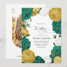 Invitación Boda floral verde esmeralda, blanco y dorado