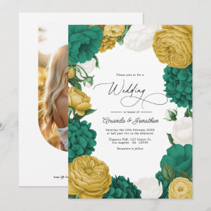 Invitación Boda floral verde esmeralda, blanco y dorado