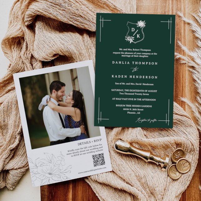 Invitación Boda floral verde esmeralda Escudo QR Foto de códi (Subido por el creador)