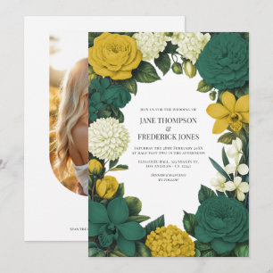 Invitación Boda floral verde esmeralda, oro y marfil