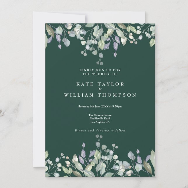 Invitación Boda floral verde esmeralda todo en uno (Anverso)