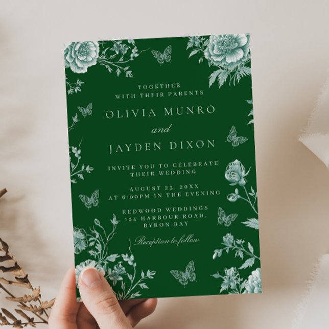 Invitación Boda floral verde esmeralda vintage encantado (Subido por el creador)
