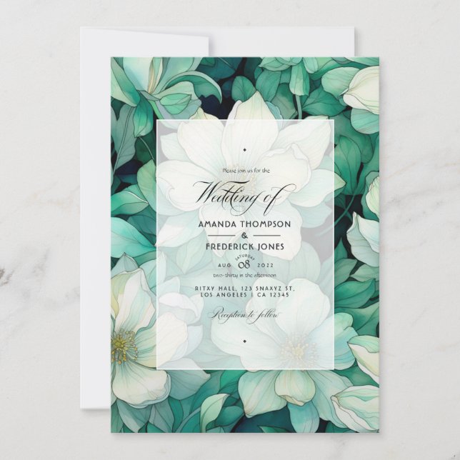 Invitación Boda floral verde esmeralda y plateado (Anverso)