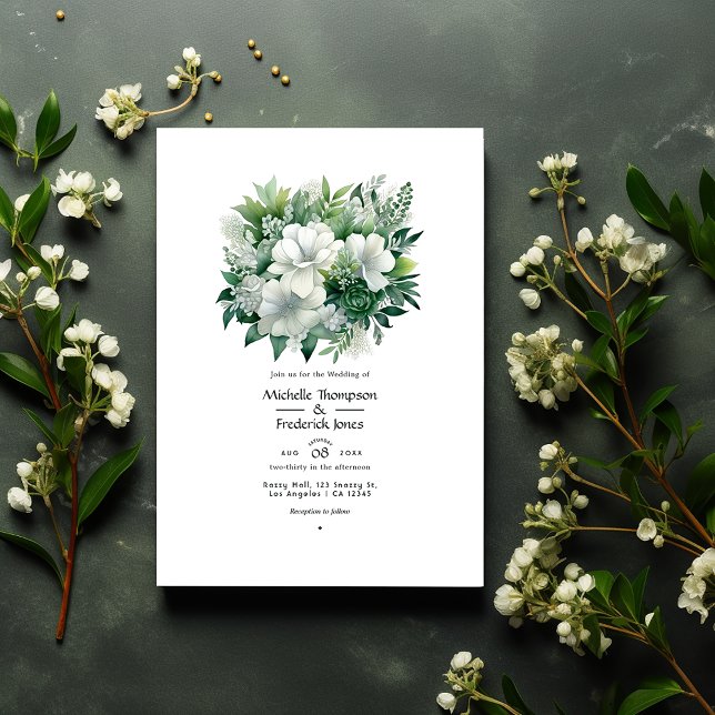 Invitación Boda floral verde esmeralda y plateado (Subido por el creador)