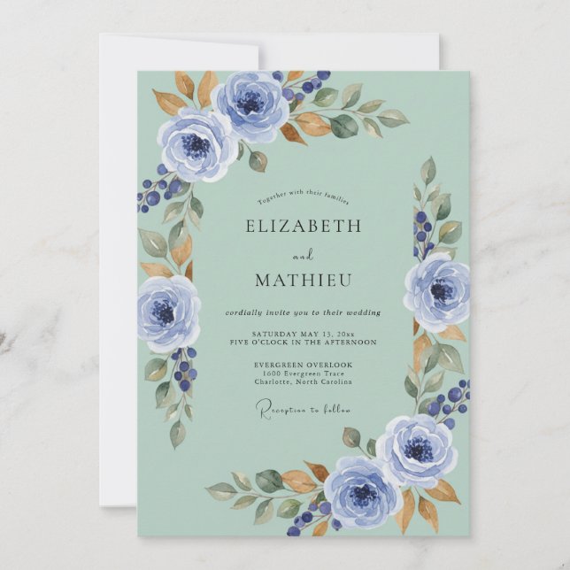 Invitación Boda floral verde espuma de mar pulida (Anverso)