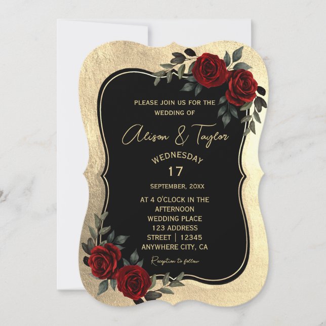 Invitación Boda floral verde gótico de oro negro rojo (Anverso)