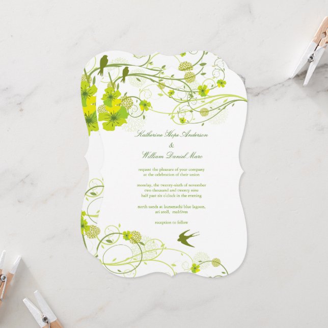 Invitación Boda Floral Verde Hibiscus Swirls (Anverso/Reverso In Situ)