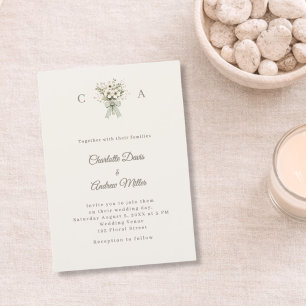 Invitación Boda floral verde marfil taupe con monograma 
