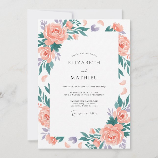 Invitación Boda floral verde melocotón (Anverso)