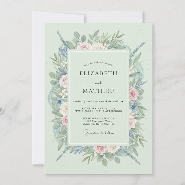 Invitación Boda floral verde menta (Anverso)