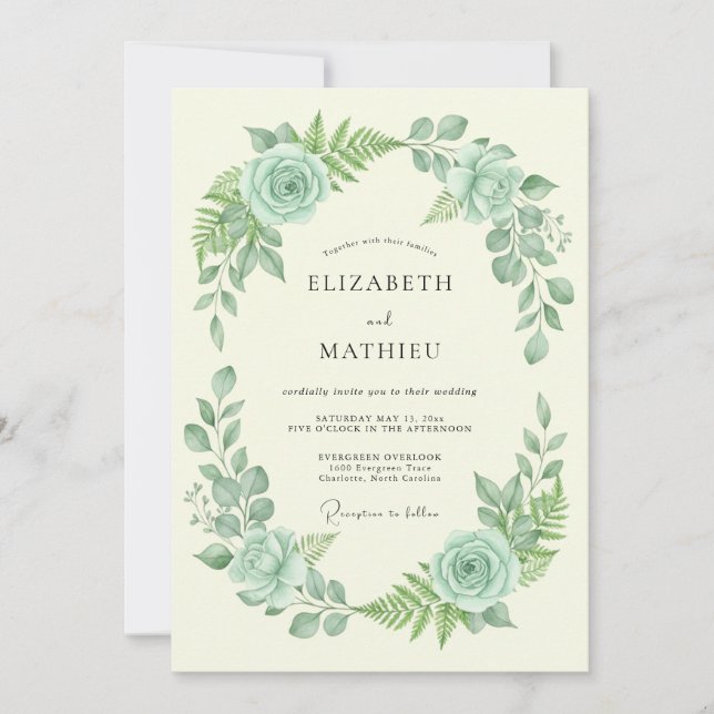 Invitación Boda floral verde menta (Anverso)