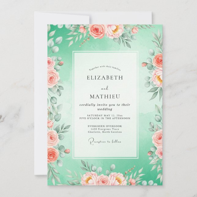 Invitación Boda Floral Verde Menta (Anverso)