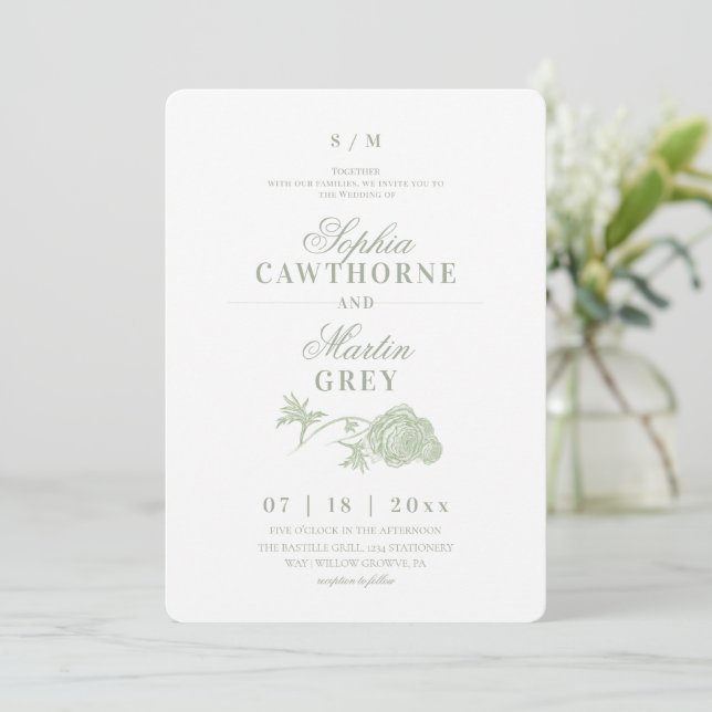 Invitación Boda floral verde menta pastel  (Anverso de pie)