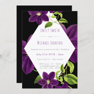 Invitación Boda floral verde morado oscuro de esmeralda verde