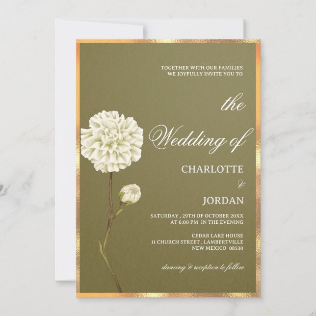 Invitación Boda floral verde oliva y blanca (Anverso)
