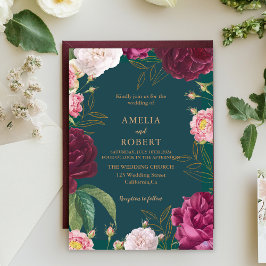 Invitación Boda floral verde oro y esmeralda