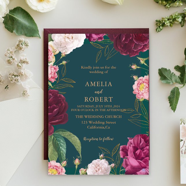 Invitación Boda floral verde oro y esmeralda (Subido por el creador)