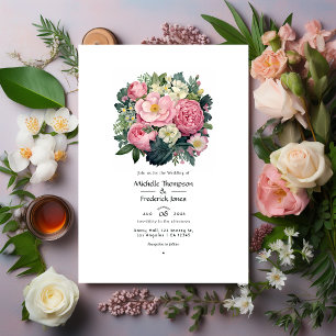 Invitación Boda floral verde oscuro y rosa pastel