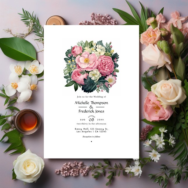 Invitación Boda floral verde oscuro y rosa pastel (Subido por el creador)