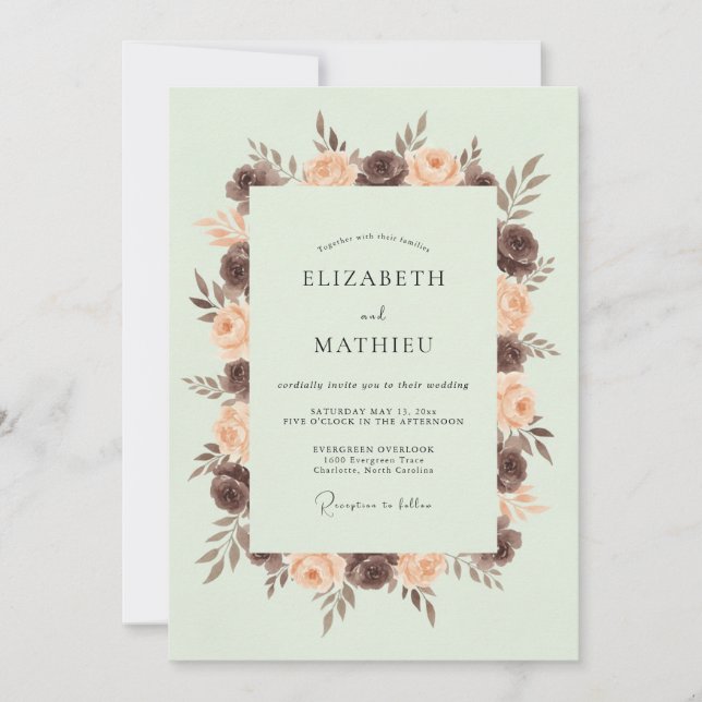 Invitación Boda floral verde pálido (Anverso)