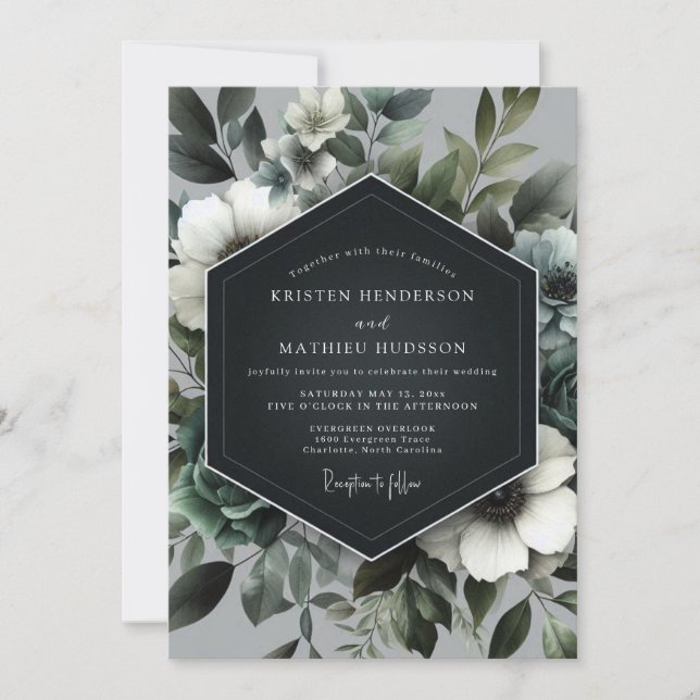 Invitación Boda Floral Verde Pizarra (Anverso)
