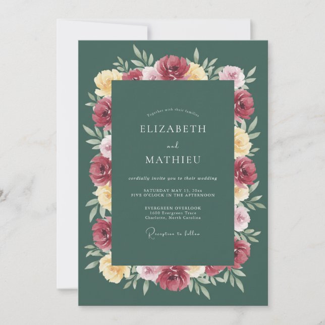 Invitación Boda Floral Verde Profundo (Anverso)