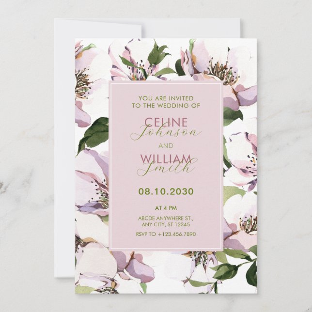 Invitación Boda floral verde púrpura (Anverso)