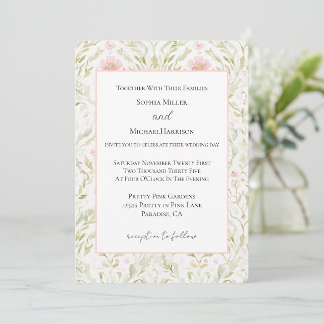 Invitación Boda floral verde rosa bonita (Anverso de pie)