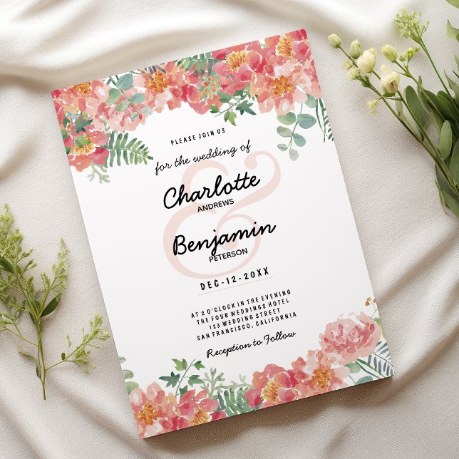 Invitación Boda floral verde rosa de acuarela botánica (Botanical watercolor pink green floral Wedding )