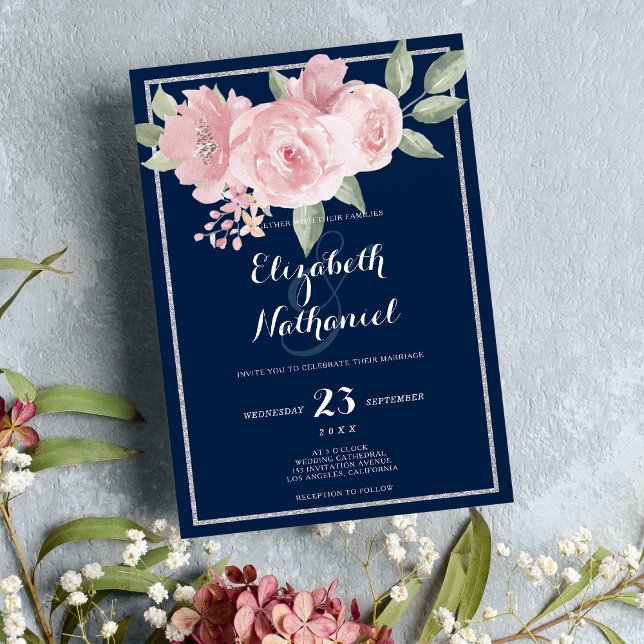 Invitación Boda floral verde rosa plateado azul marino (Navy blue silver pink green floral theme wedding)