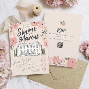 Invitación Boda floral verde rosa Villa de mano única