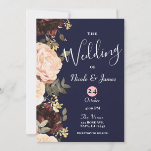 Invitación Boda floral verde rosa y granate azul marino