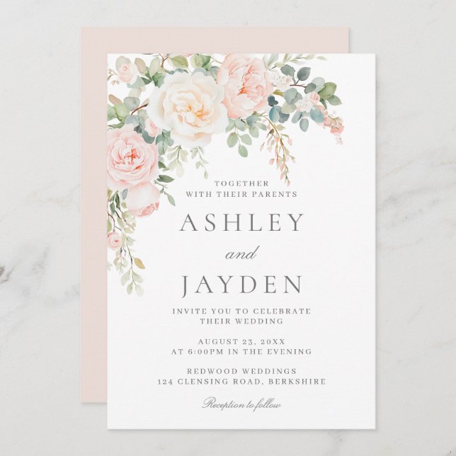 Invitación Boda floral verde rosa y sabio de Rubor (Anverso / Reverso)